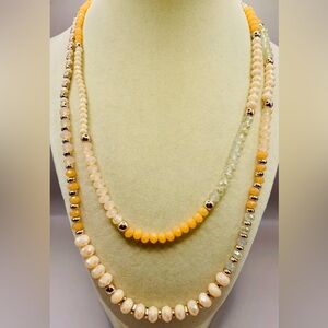 Long Elegant Peach Orange, White and Gold Stretch Necklace. 40 inches long.